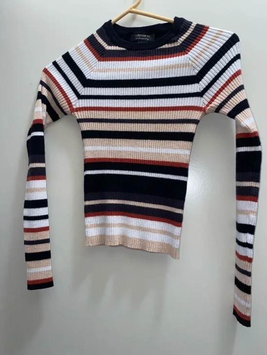 Forever 21 Striped Rib-Knit Crew Sweater top in Cream, Black and Rust - Picture 2 of 4